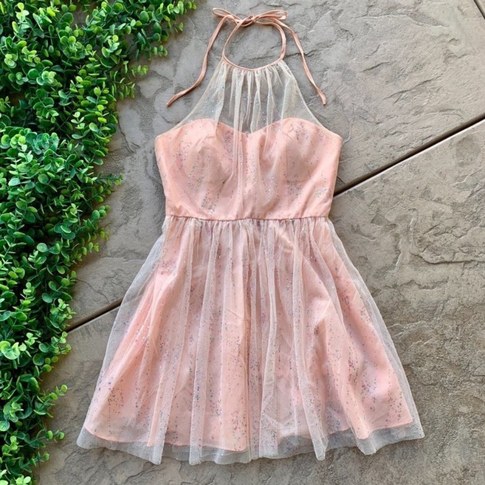 Masquerade Halter Mini Dress • Pastel Peach Pink Glitter Sheer Cocktail Prom